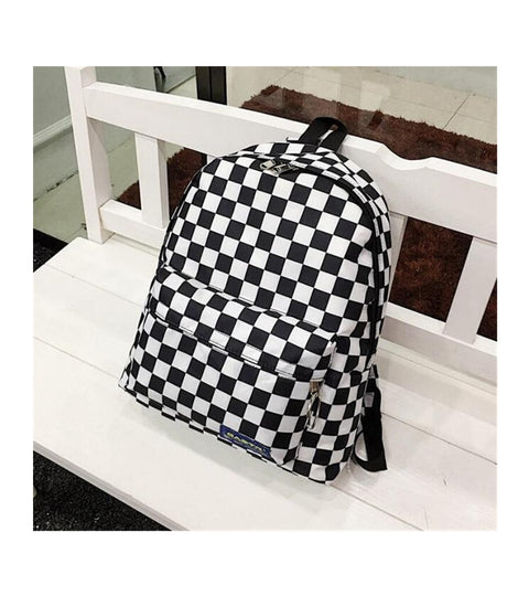 Black & White Lattice Nylon Daypack for Women High Quality Big Capacity Waterproof Backpack