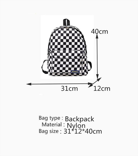 Black & White Lattice Nylon Daypack for Women High Quality Big Capacity Waterproof Backpack