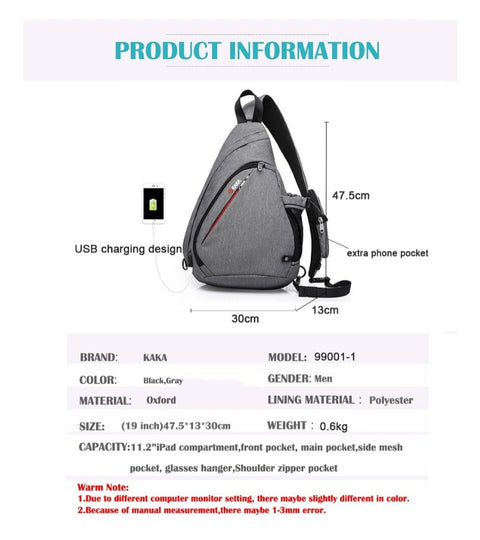 Male Women Shoulder Bag USB Charge  Anti theft Chest Bag large capacity 10.5" Crossbody Bag