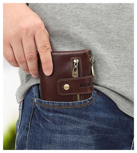 RFID 100% Genuine Leather Men Wallet Coin Purse Small Mini Card Holder Chain PORTFOLIO Portomonee Male Walet Pocket