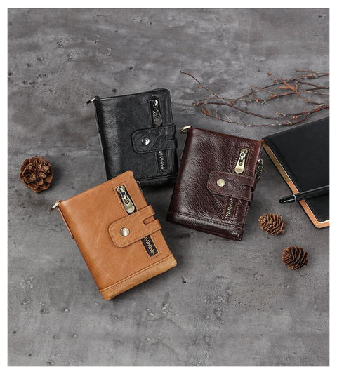 RFID 100% Genuine Leather Men Wallet Coin Purse Small Mini Card Holder Chain PORTFOLIO Portomonee Male Walet Pocket