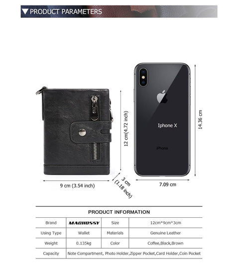 RFID 100% Genuine Leather Men Wallet Coin Purse Small Mini Card Holder Chain PORTFOLIO Portomonee Male Walet Pocket