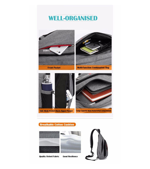 Male Women Shoulder Bag USB Charge  Anti theft Chest Bag large capacity 10.5" Crossbody Bag