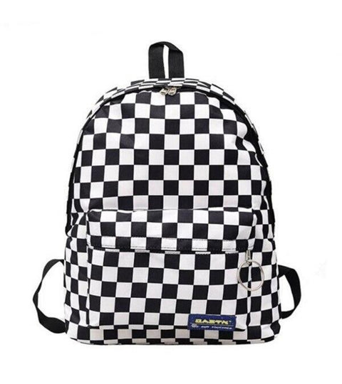Black & White Lattice Nylon Daypack for Women High Quality Big Capacity Waterproof Backpack
