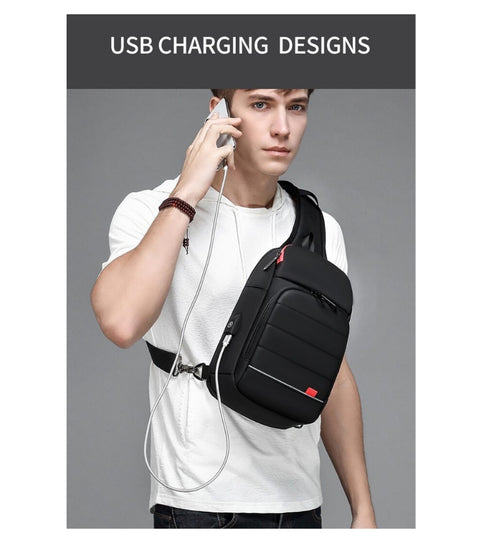 Men Chest bag for 9.7" iPad USB Charging Short Trip Messenger Bags Water Repellent Crossbody Bag