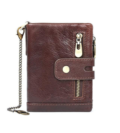 RFID 100% Genuine Leather Men Wallet Coin Purse Small Mini Card Holder Chain PORTFOLIO Portomonee Male Walet Pocket