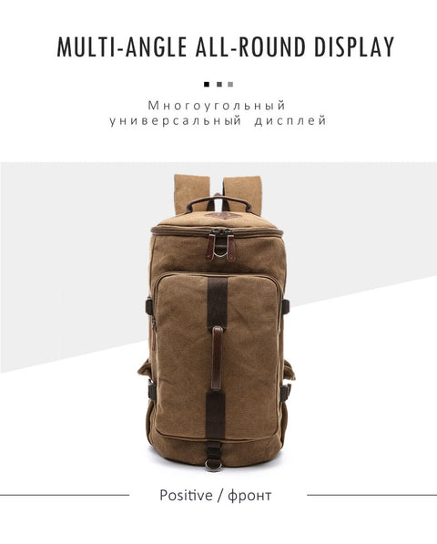Scione Men Large Capacity Cylinder Backpacks Canvas Luggage Shoulder Bags Duffle Travel Waterproof Solid Leather Casual Case