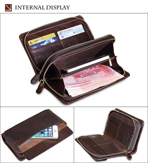Quality Cowhide Men Clutch Wallets Genuine Leather Long Purses Business Large Capacity Wallet Double Zipper Phone Bag For Male