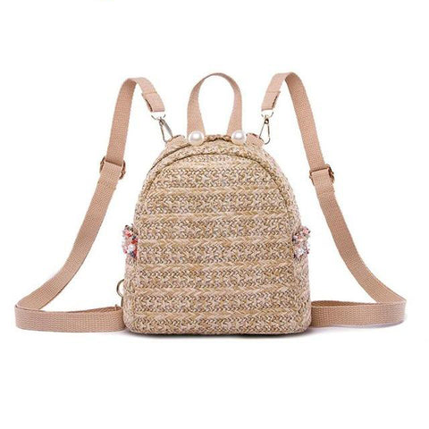 Ladies Fashion Straw Pearl Backpack Zipper Travel Casual Summer Multifunction Shoulder Bag