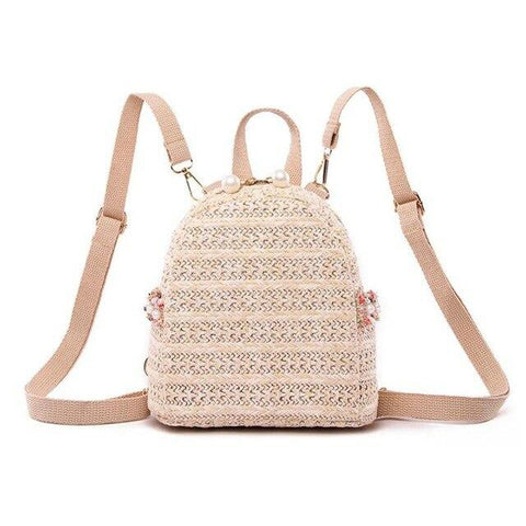 Ladies Fashion Straw Pearl Backpack Zipper Travel Casual Summer Multifunction Shoulder Bag