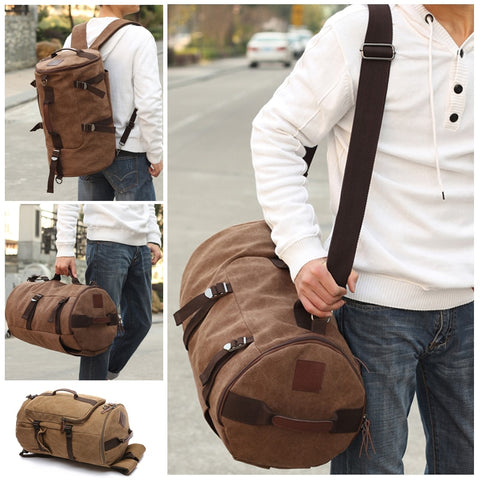 Scione Men Large Capacity Cylinder Backpacks Canvas Luggage Shoulder Bags Duffle Travel Waterproof Solid Leather Casual Case
