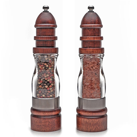 Wooden Salt and Pepper Grinder Set - Wood and Acrylic Mills, Adjustable coarseness ceramic grinder