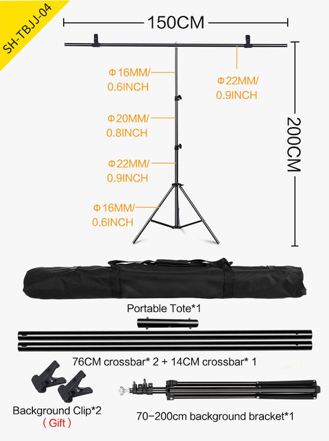 T-Shape Portable Background Backdrop Support Stand Kit 6.5ft Wide 6.5ft Tall Adjustable Photo Backdrop Stand with Spring Clamps